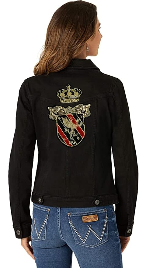 Ani Accessories Imperial Eagle Crown Set large sew patch displayed on model jacket to show fit and look.