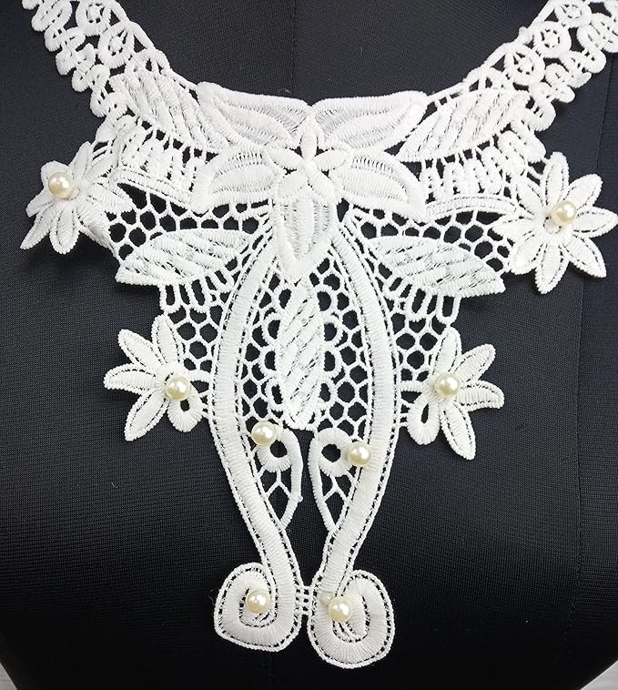Ani Accessories Intricate Leafy Floral Pearl Lace Yoke Neckline, detailed floral and leaf lace design with pearl accents for women’s dresses