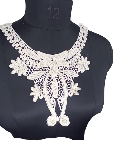 Ani Accessories Intricate Leafy Floral Pearl Lace Yoke Neckline, close-up of intricate leaf and floral lace with pearl embellishments
