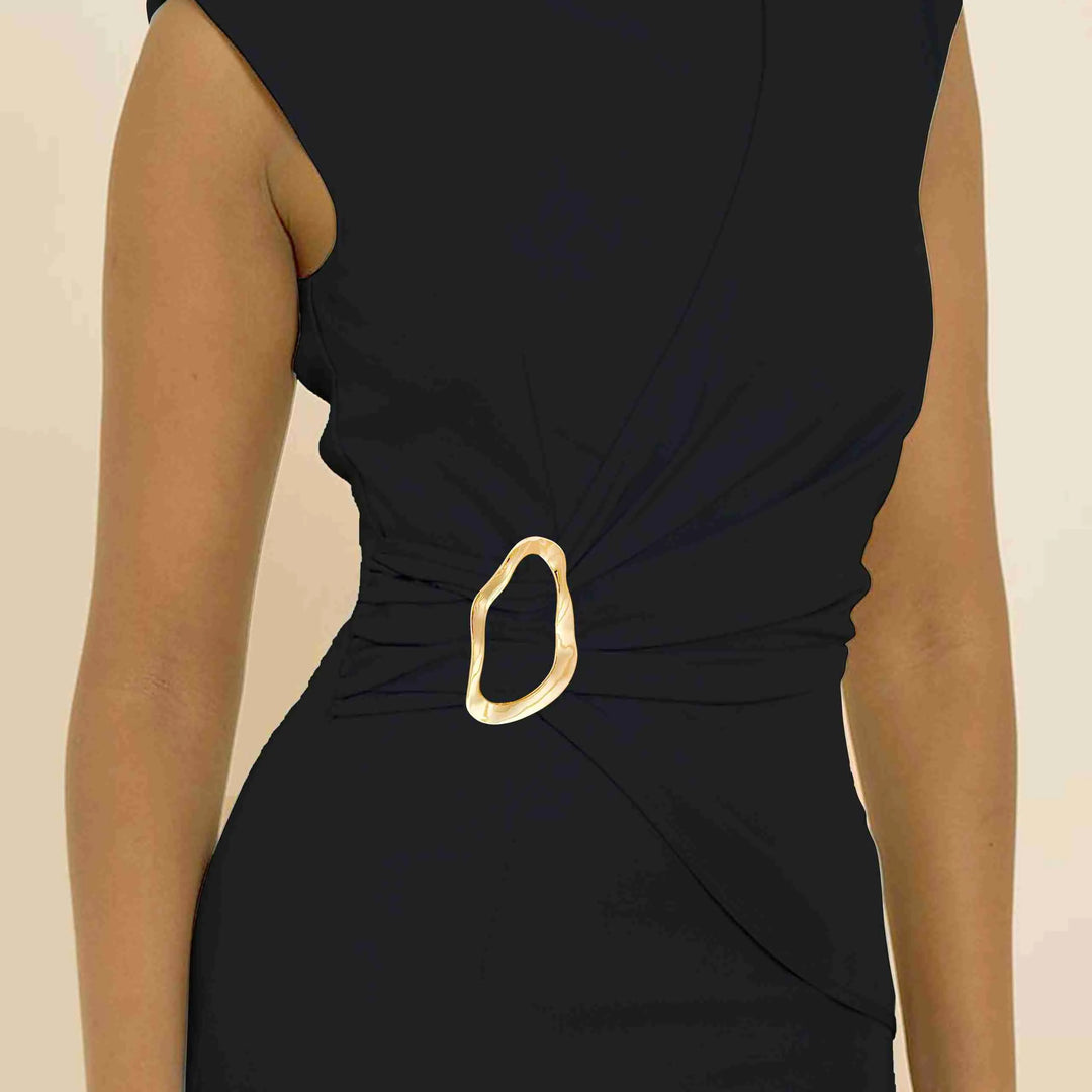 Ani Accessories Irregular Wave Shape Metal Buckle on model  black Dress  in a white background.