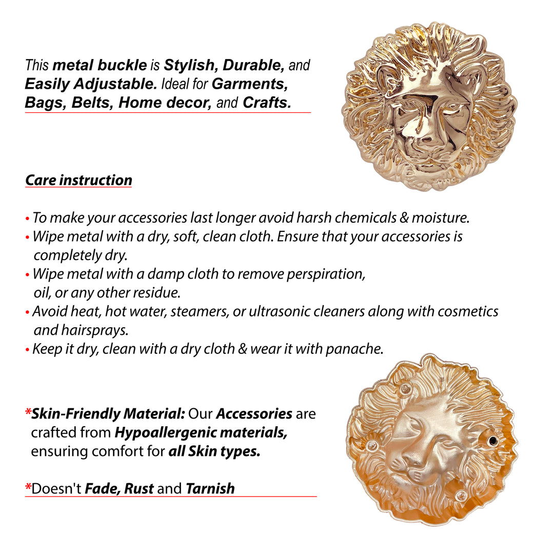 Ani Accessories Lion Head Metal Gold Buckle front and back image with text on about care instruction of the buckle in the white background.