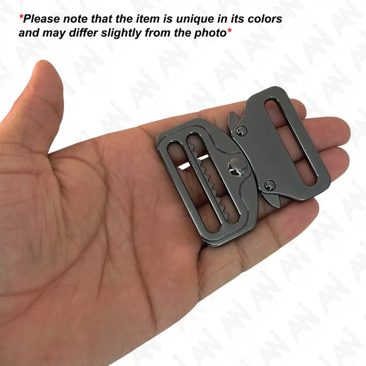 Ani Accessories Metal Black Tactical cobra Buckles placed on the palm with written text of product slightly differ from the image.