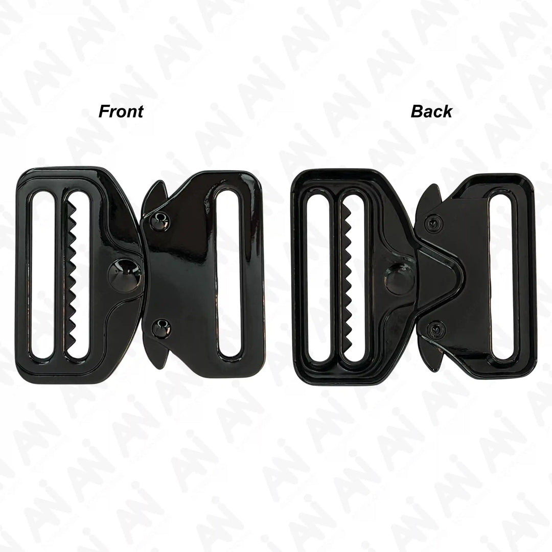 Ani Accessories Metal Black Tactical cobra Buckles zooming front and back image in a white background.