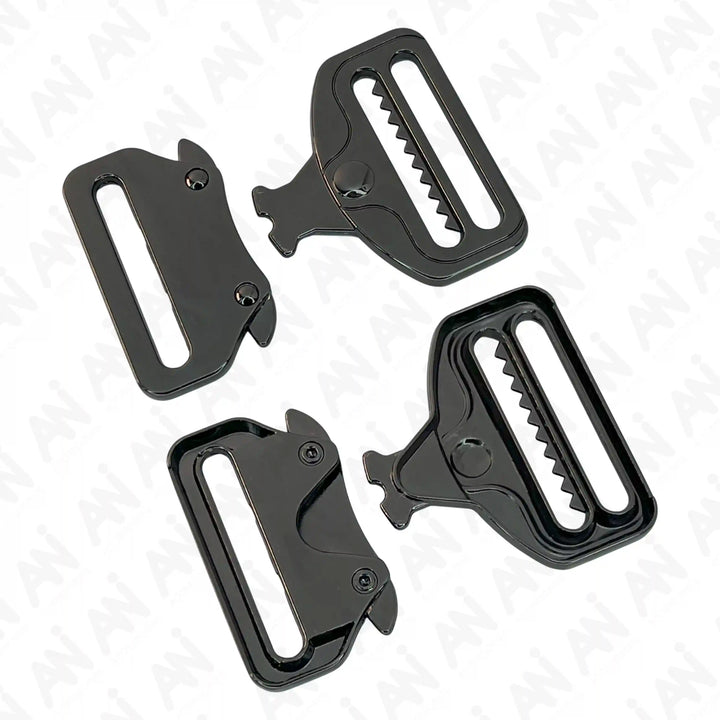 Ani Accessories Metal Black Tactical cobra Buckles open and closed in a white background.