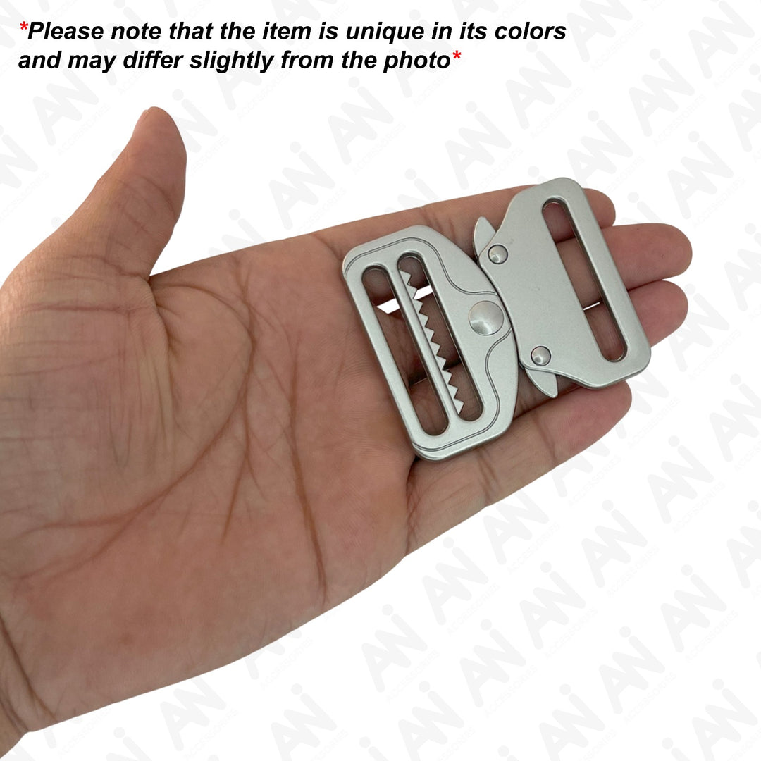 Ani Accessories Metal Matt Silver Tactical cobra Buckles placed on the palm with written caution of product slightly differ from the image.