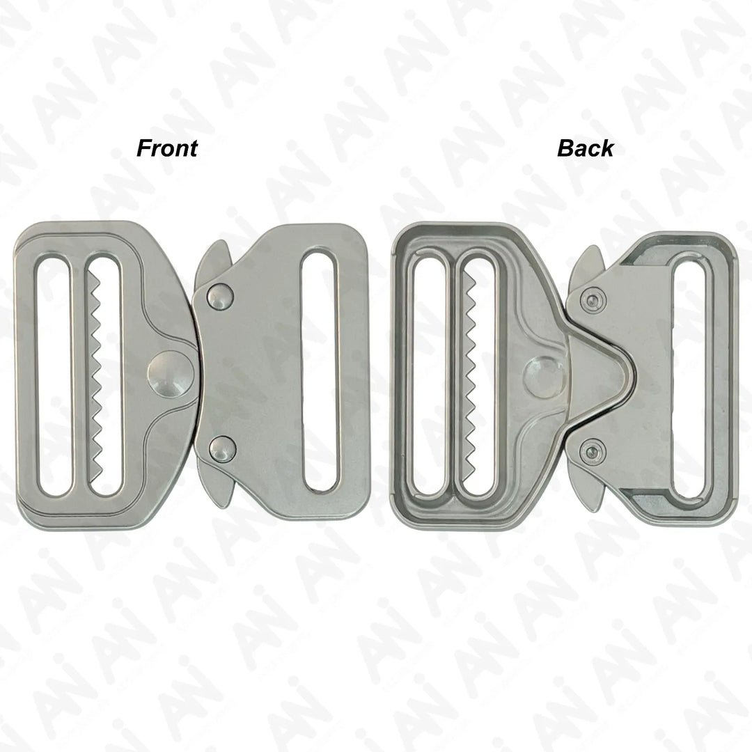 Ani Accessories Metal Matt Silver Tactical cobra Buckles front and back zooming image of the buckle in the white background.