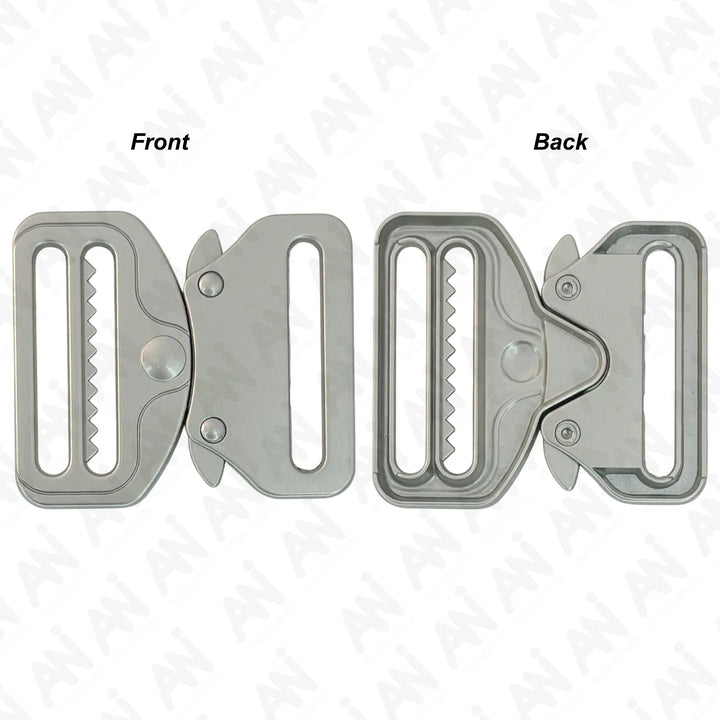 Ani Accessories Metal Matt Silver Tactical cobra Buckles front and back zooming image of the buckle in the white background.