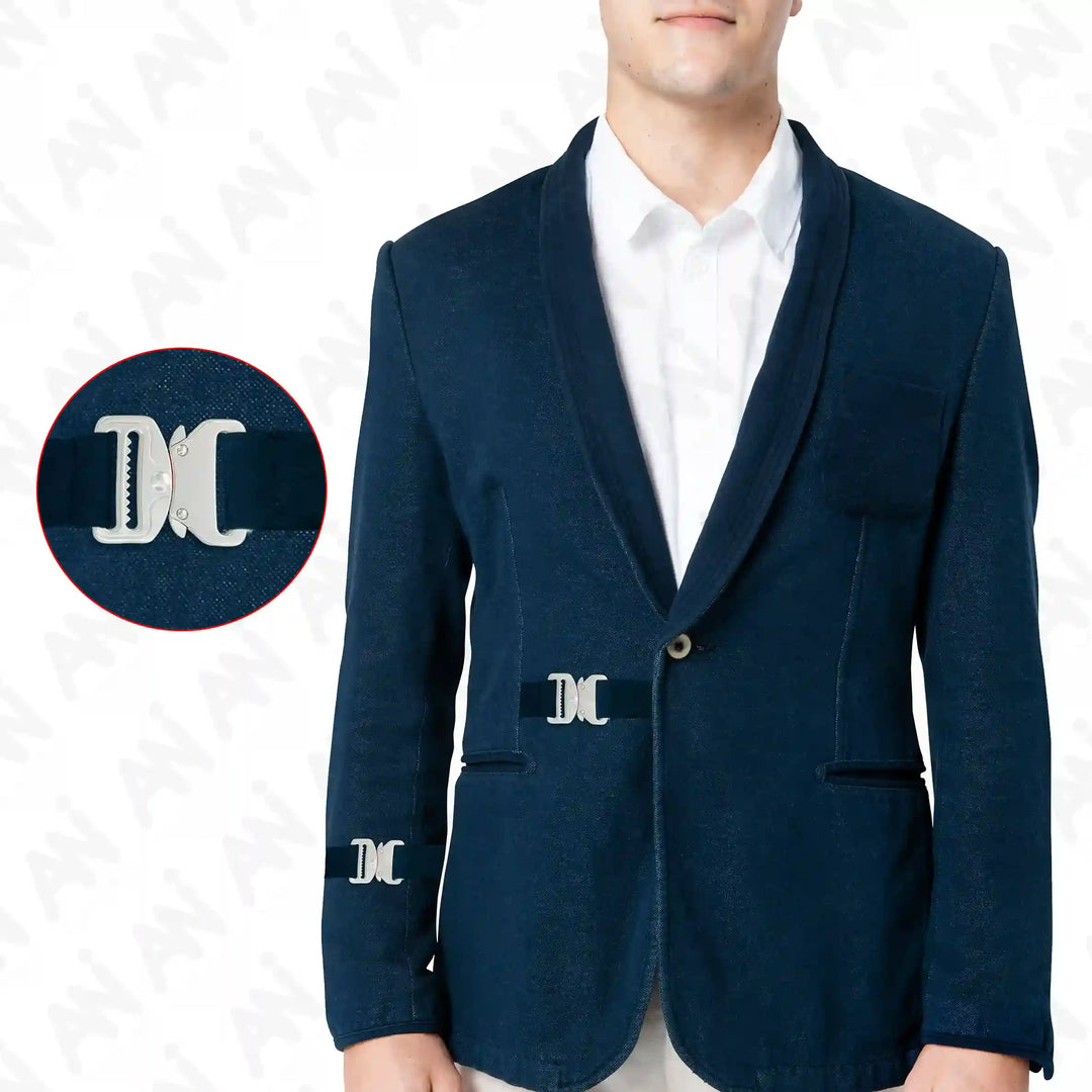 Ani Accessories Metal Matt Silver Tactical cobra Buckles on the side waist of the blazer of the men model in the white background.
