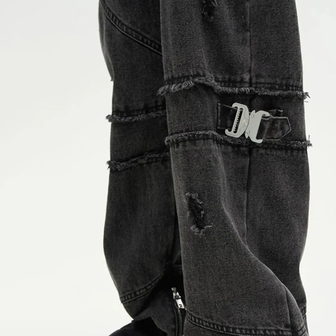 Ani Accessories Metal Matt Silver Tactical cobra Buckles on the baggy charcoal jean  in the white background.