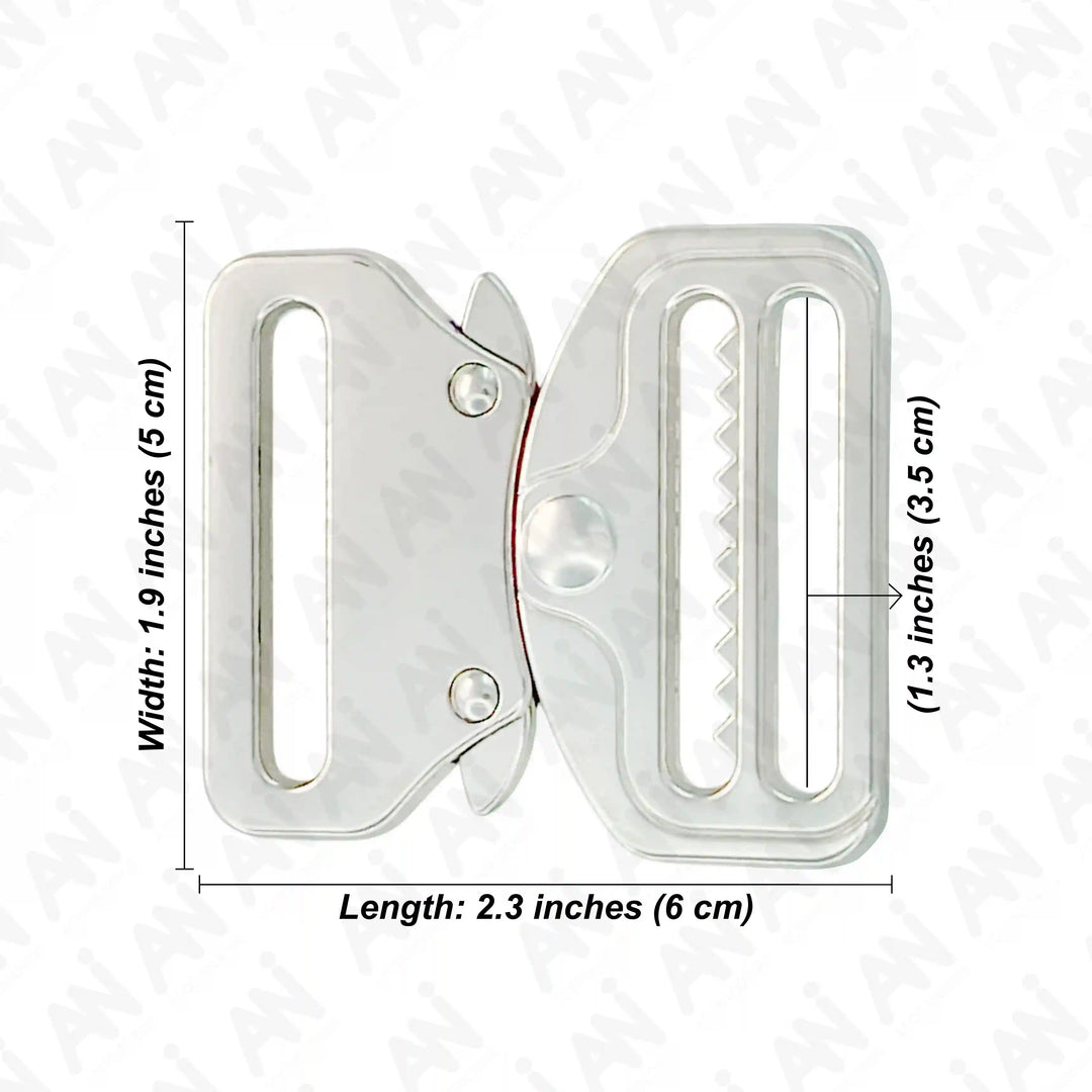 Ani Accessories Metal  Shiny silver Tactical cobra Buckles Size written on the white background.