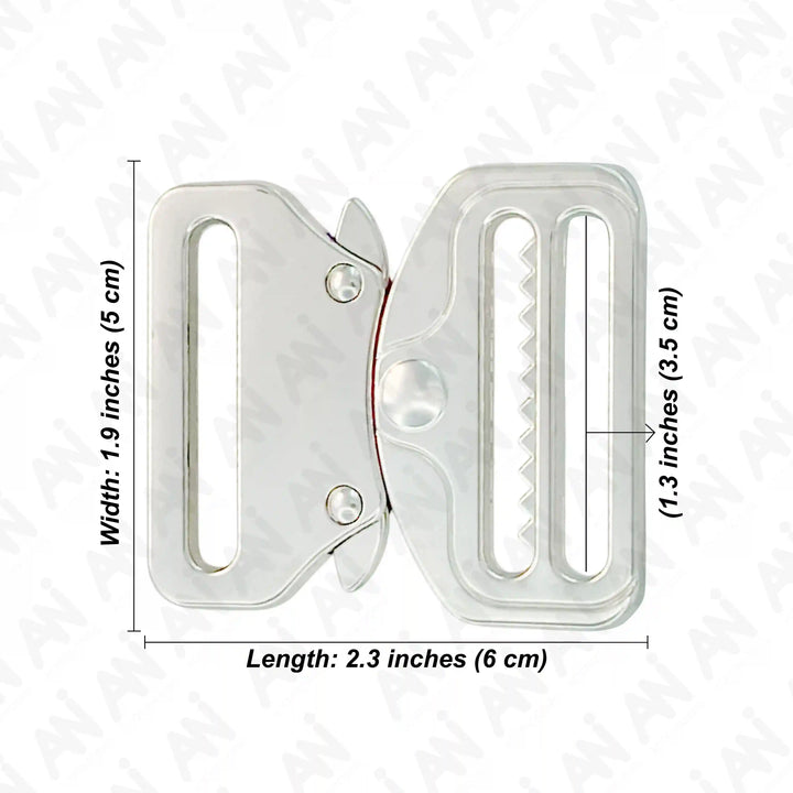 Ani Accessories Metal  Shiny silver Tactical cobra Buckles Size written on the white background.