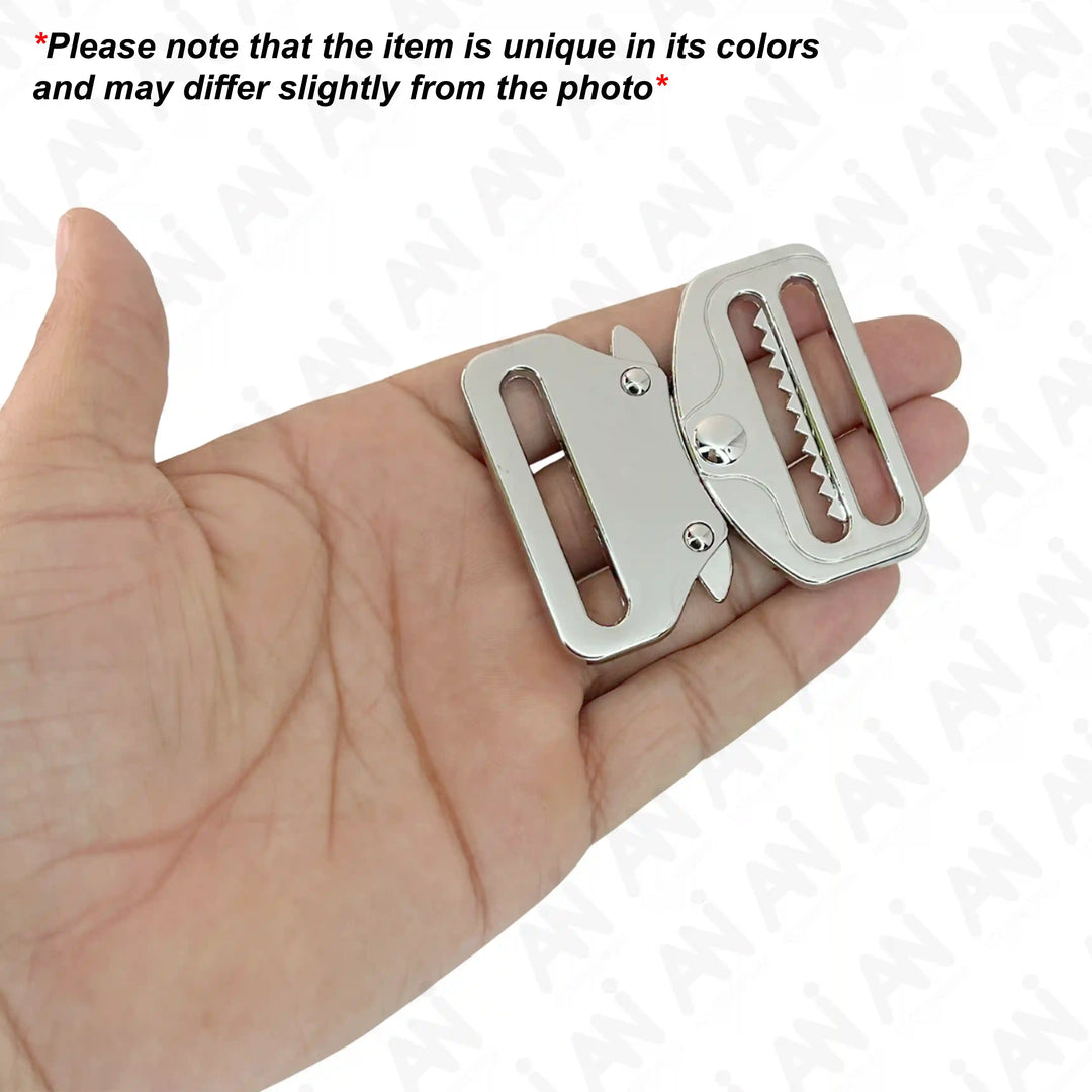Ani Accessories Metal  Shiny silver Tactical cobra Buckles  placed on the palm to show the size with text of product slightly differ from the image.