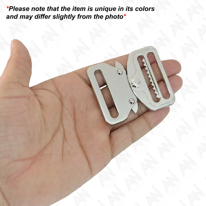 Ani Accessories Metal  Shiny silver Tactical cobra Buckles  placed on the palm to show the size with text of product slightly differ from the image.