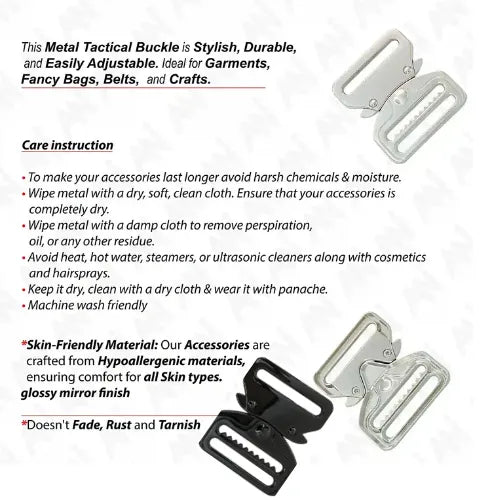 Ani Accessories Metal Tactical cobra Buckles infographic of the care instruction of the buckle in the white background.