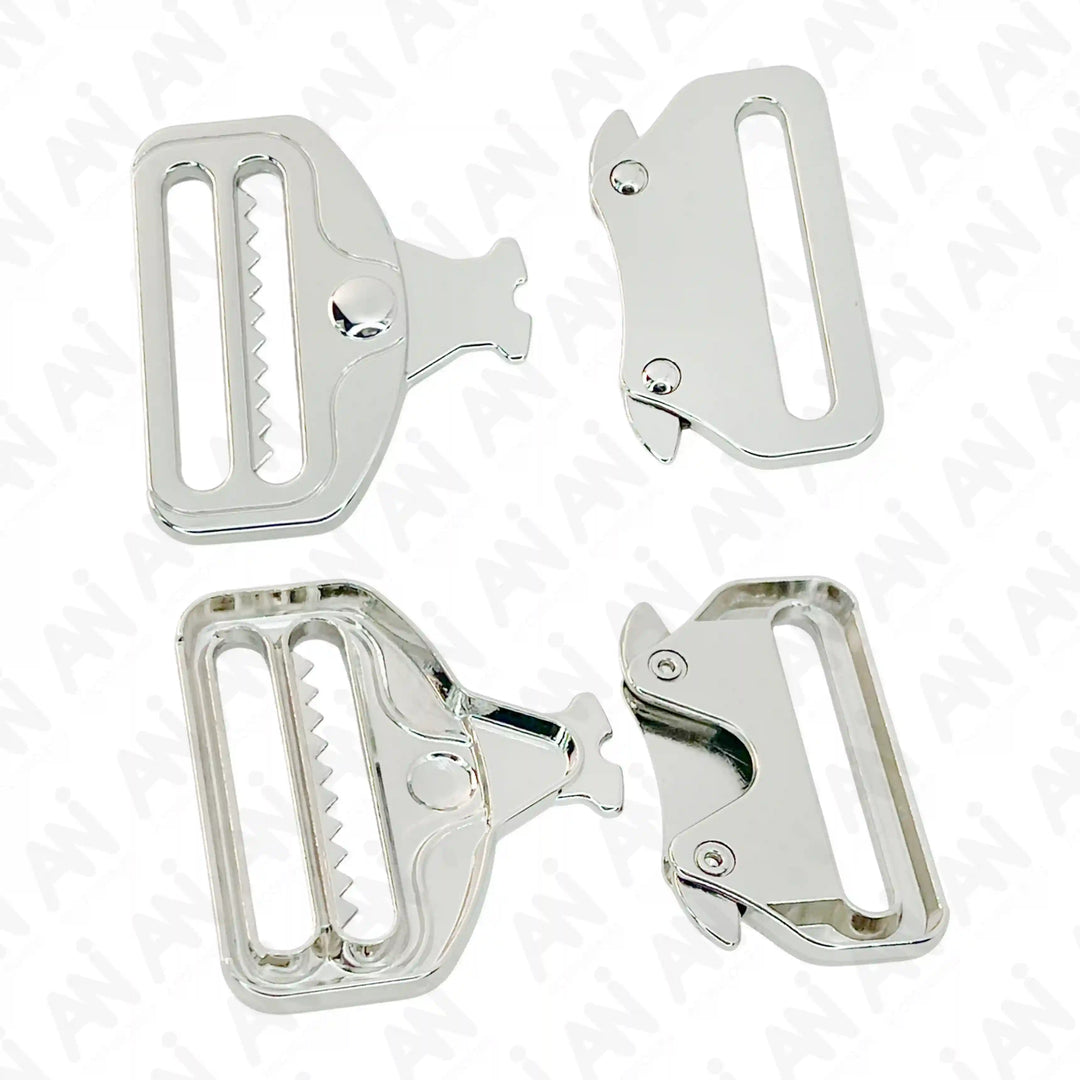 Ani Accessories Metal  Shiny silver Tactical cobra Buckles shown open and close image in  white background.