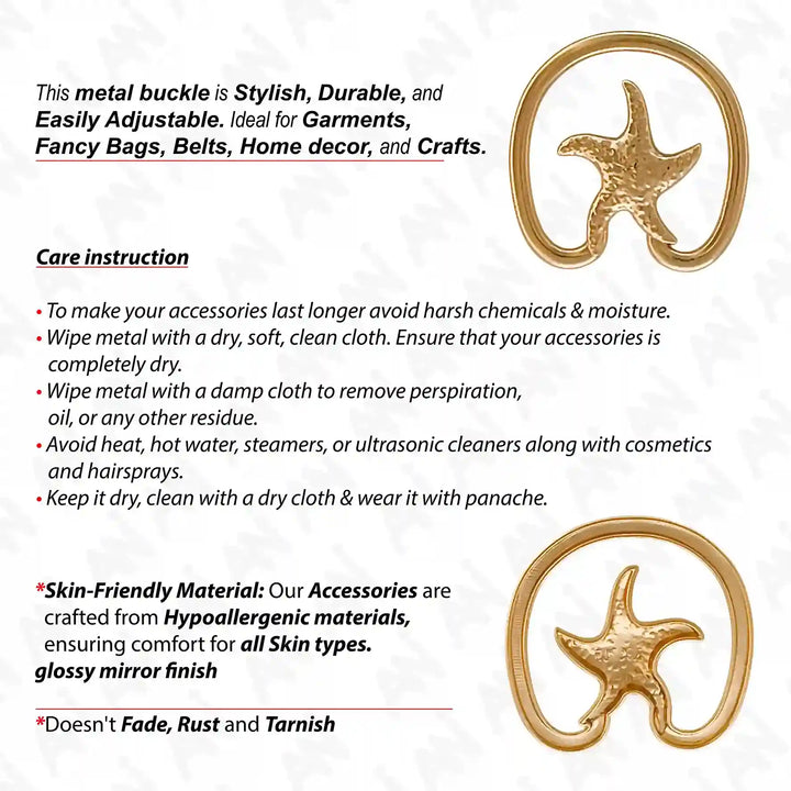 Ani Accessories Metal Starfish Gold Bikini Ring Buckle front and back view with Care instruction on a white background.
