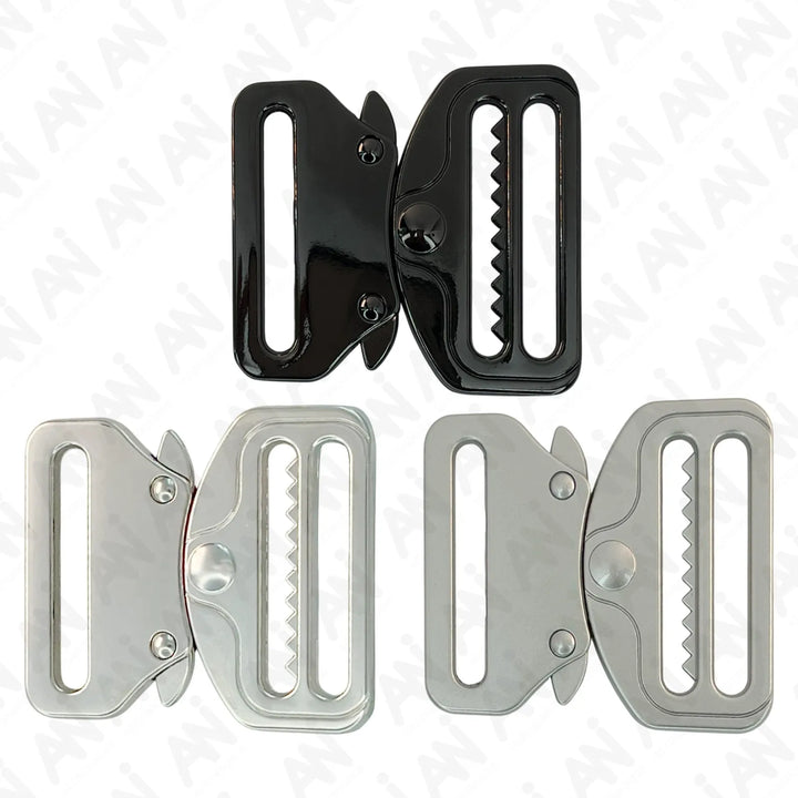 Buy Now Ani Accessories Metal Tactical cobra Buckles  in shiny silver, matt silver and  black with zooming image in the white background.