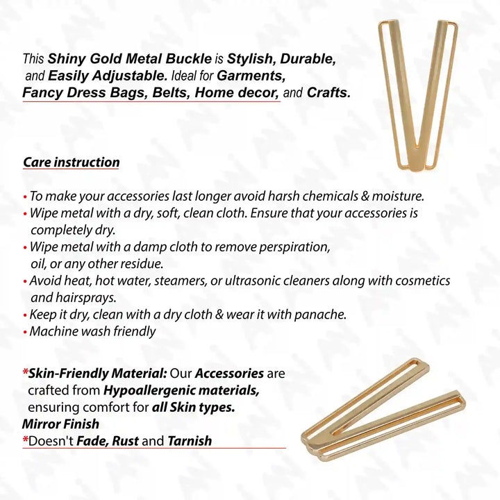 Ani Accessories Modernist Metallic V-Buckle with front and back image with care instruction.
