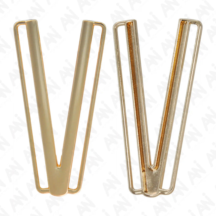 Ani Accessories Modernist Metallic V-Buckle zooming front and back image of  the buckle in a white background.