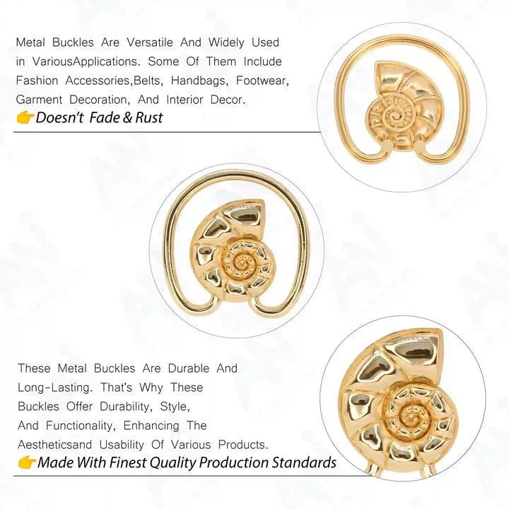 Ani Accessories Ocean's Shell Embrace metal buckle zooming image of front and back image of the buckle with feature of the buckle.