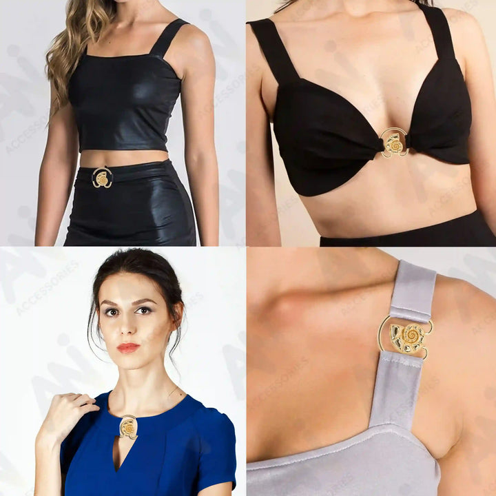 Ani Accessories Ocean's Shell Embrace metal buckle on multiple image of the use of buckle in the dress.