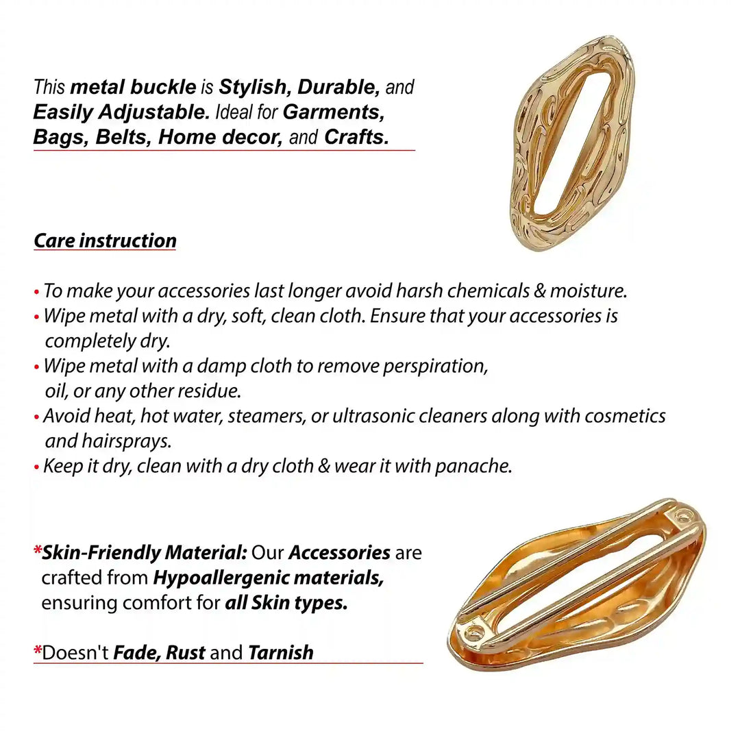 Ani Accessories Organic Shaped Gold Buckle Front and backside of the buckle with care instruction text  in the white background.