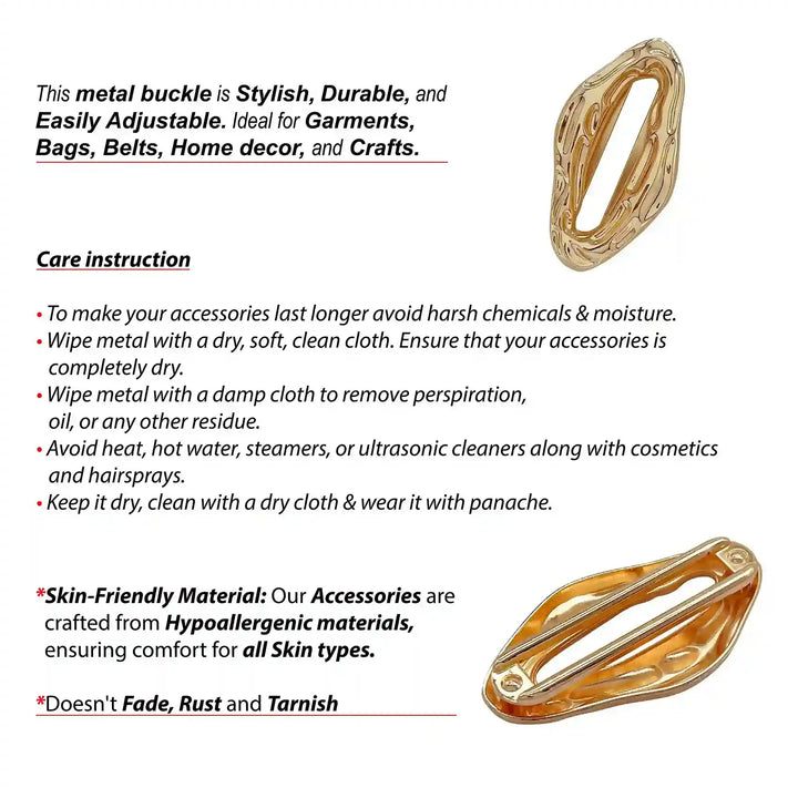 Ani Accessories Organic Shaped Gold Buckle Front and backside of the buckle with care instruction text  in the white background.