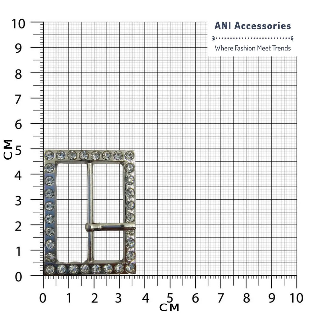  Ani Accessories Prong Shiny Rhinestone Silver Buckle placed in a size chart graph in a white  background.