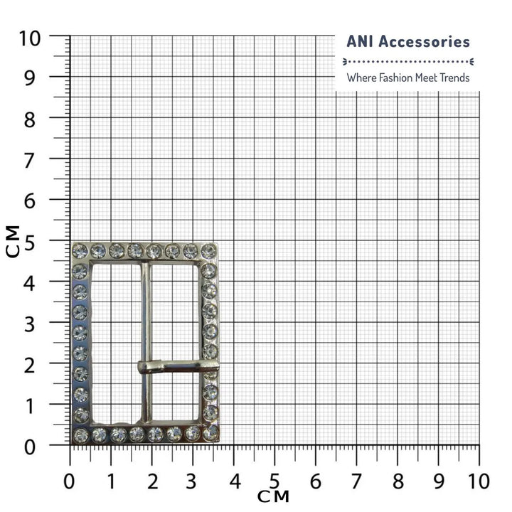 Ani Accessories Prong Shiny Rhinestone Silver Buckle placed in a size chart graph in a white  background.