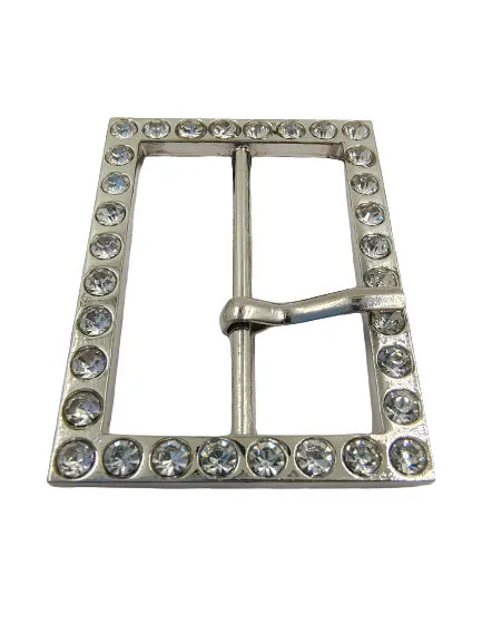  Ani Accessories Prong Shiny Rhinestone Silver Buckle  Flat angle  view to show the proper image of the buckle in a white background.