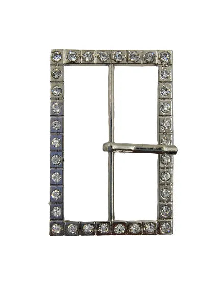  Ani Accessories Prong Shiny Silver Buckle Covered With Diamonds Front Zooming angle  in a white background.