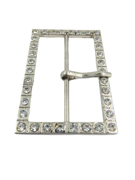 Ani Accessories Prong Shiny Silver Buckle Covered With Diamonds Flat  view to show proper design in a white   background.