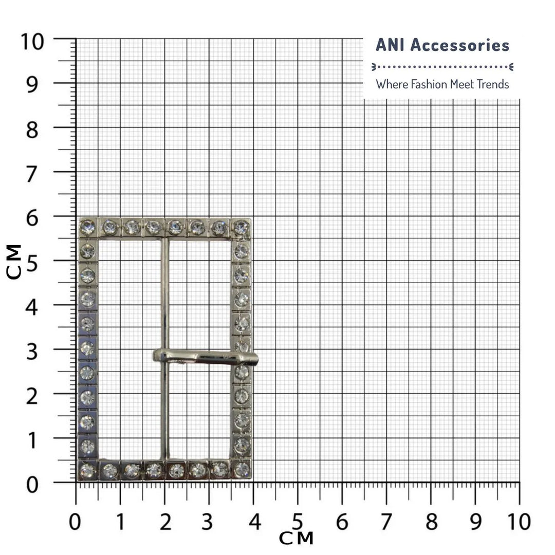 Ani Accessories Prong Shiny Silver Buckle Covered With Diamonds Placed in a size chart bar graph to show the exact Size of the buckle 
