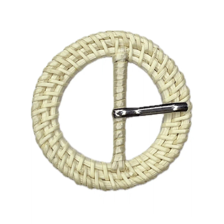 Ani Accessories Zooming image of Woven Cream  Circle raffia buckle with prong on a white background
