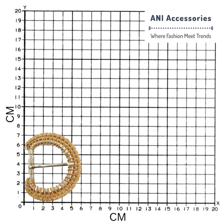 Ani Accessories Raffia Metal Handmade D-Shape Prong Buckle  placed on a size chart bar graph.