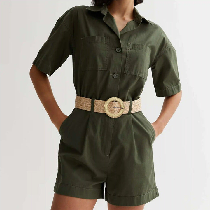 Ani Accessories Raffia woven cream  Circular buckle with belt on women wearing olive green shorts jumpsuit