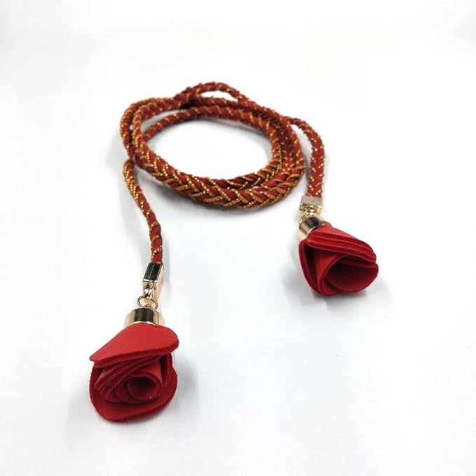 Ani Accessories red and gold suede braided rope belt with rose tassels. This rope belt works as an adjustable belt for dresses, jeans, skirts, and sarees.