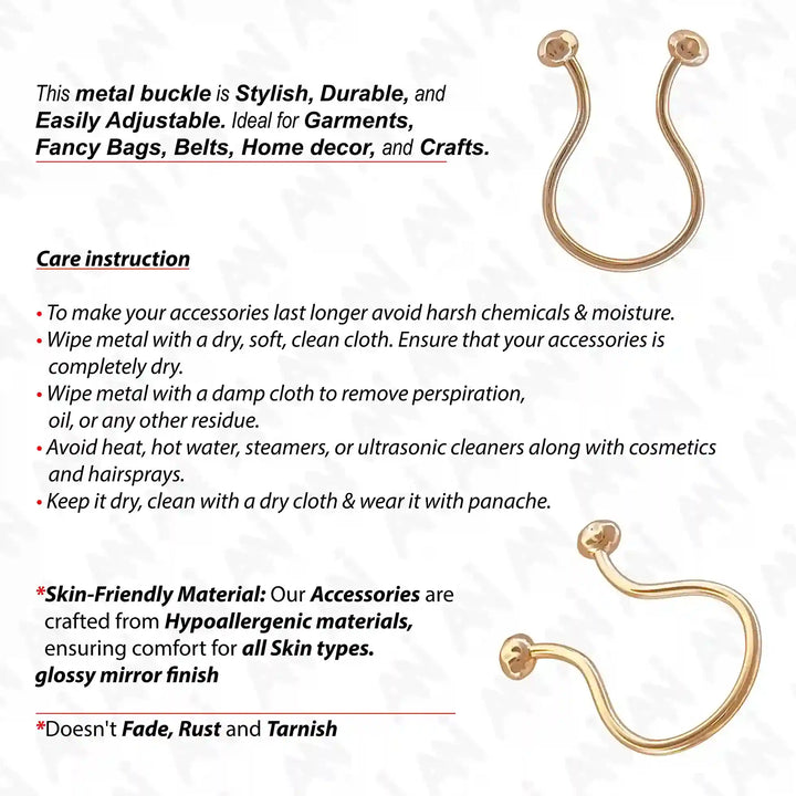 Ani Accessories Refined Curved Gold Metal Buckle front  and back image with written care instruction in the white background.