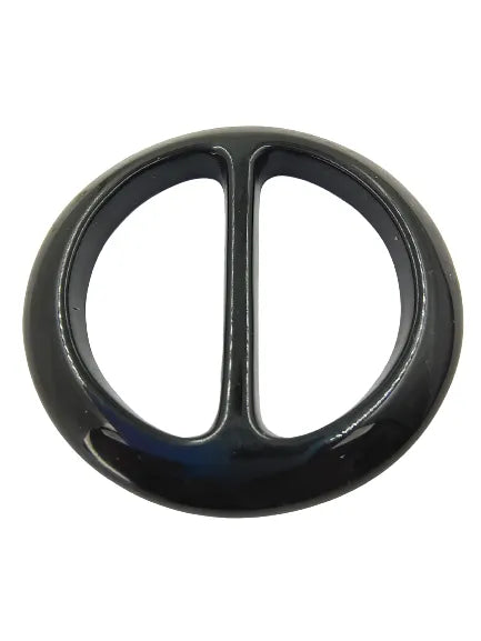 Ani Accessories black circle resin adjustable buckle with a glossy finish, displayed  in a flat angle on a clean white background.