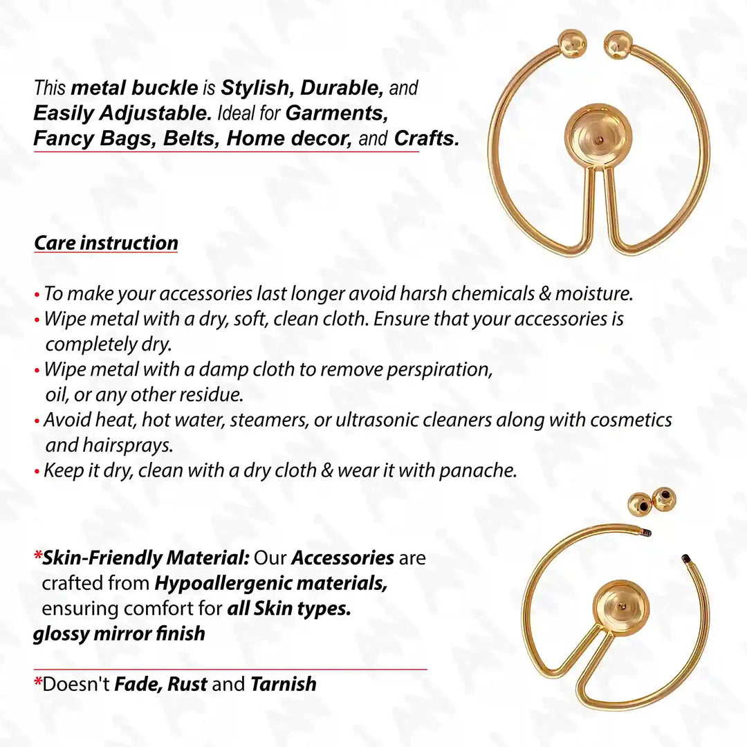 Ani Accessories Round Ball Tip Gold Metal Buckle front and back image with care instruction of the buckle in the white background.