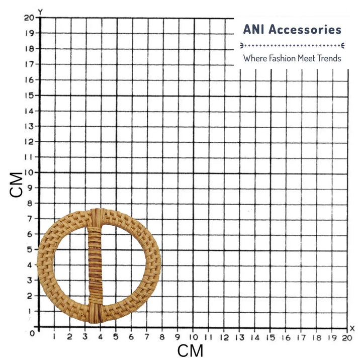 Ani Accessories Round Fully Braided Raffia Handmade Buckle placed on a size chart graph sheet to show the exact size of the buckle.