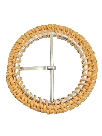 Ani Accessories Round metal Raffia Handmade Buckle With a Prong back side of zooming image in a white background. 