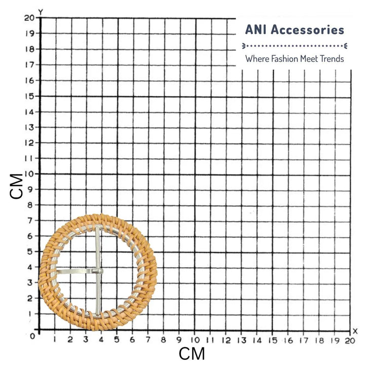 Ani Accessories Round metal Raffia Handmade Buckle With a Prong place d on a size chart bar graph to represent the exact size of the buckle.