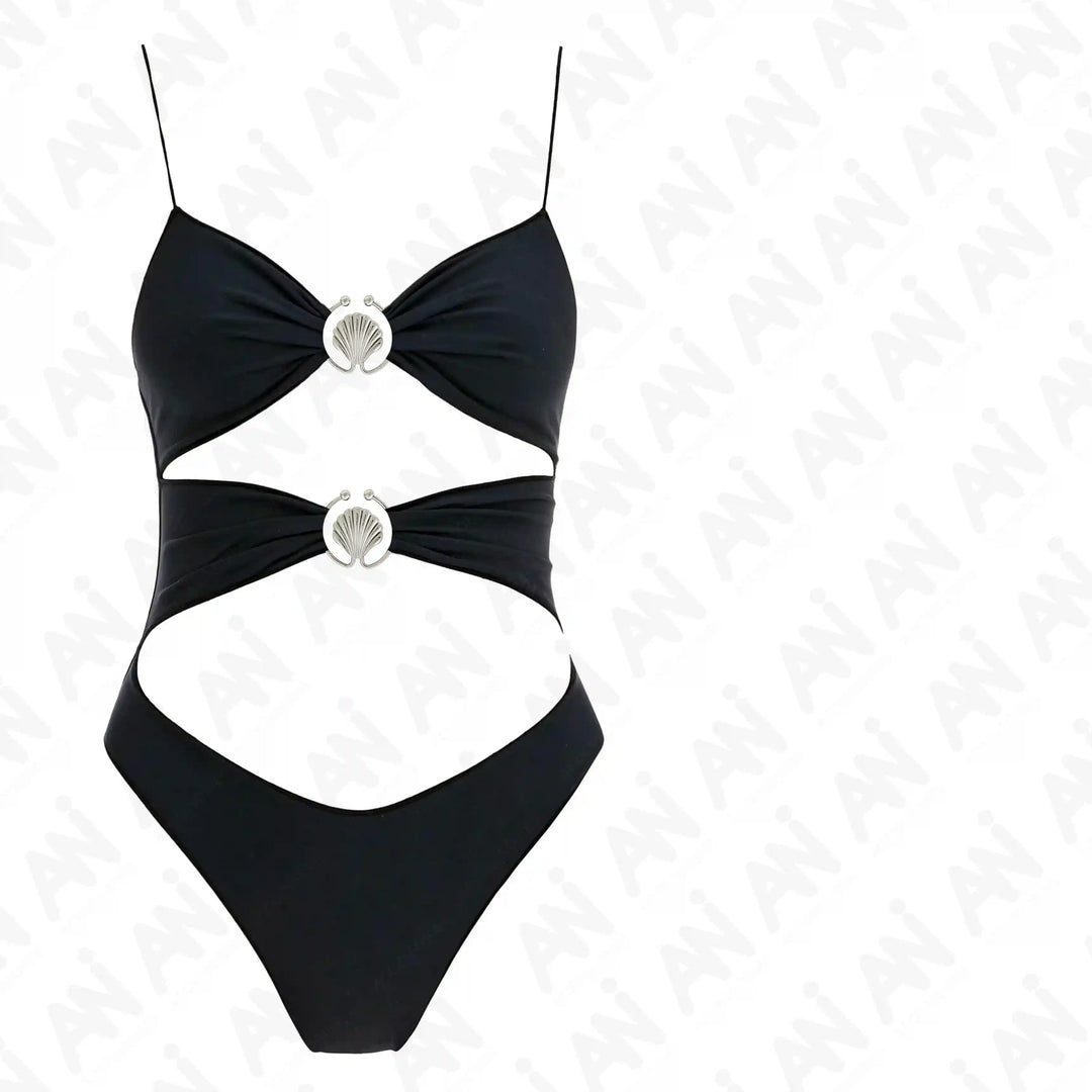 Ani Accessories Scalloped Shell Metal Buckle on the black bikini suit in the white background.