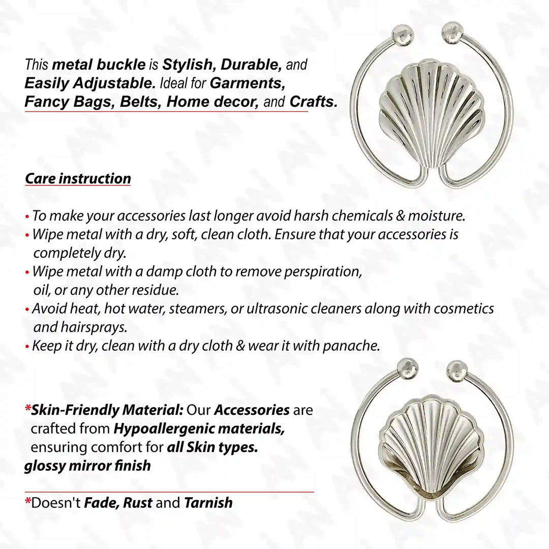 Ani Accessories Scalloped Shell Metal Buckle front and back image with text infographic in the white background.