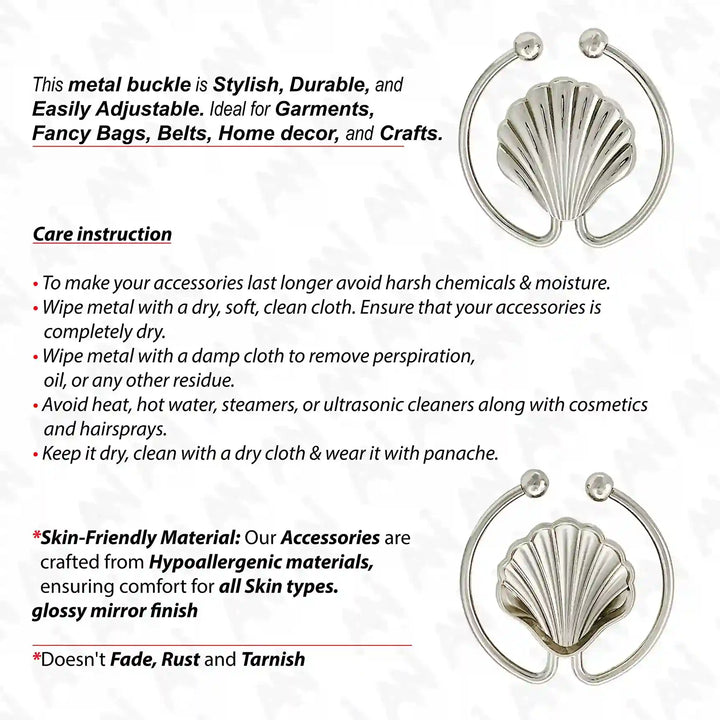Ani Accessories Scalloped Shell Metal Buckle front and back image with text infographic in the white background.