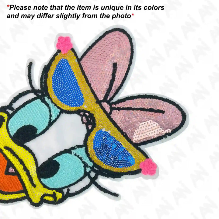Ani Accessories Sequins Daisy Duck patch closeup showing sparkling character applique for jackets shirts denim jeans bags and DIY clothing projects