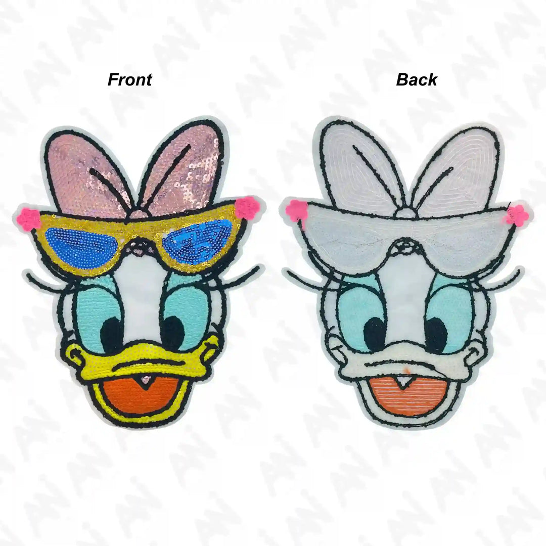 Ani Accessories Sequins Daisy Duck patch front and back view showing sparkling cartoon applique for jackets shirts denim jeans bags and DIY projects