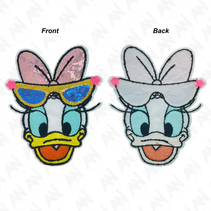Ani Accessories Sequins Daisy Duck patch front and back view showing sparkling cartoon applique for jackets shirts denim jeans bags and DIY projects