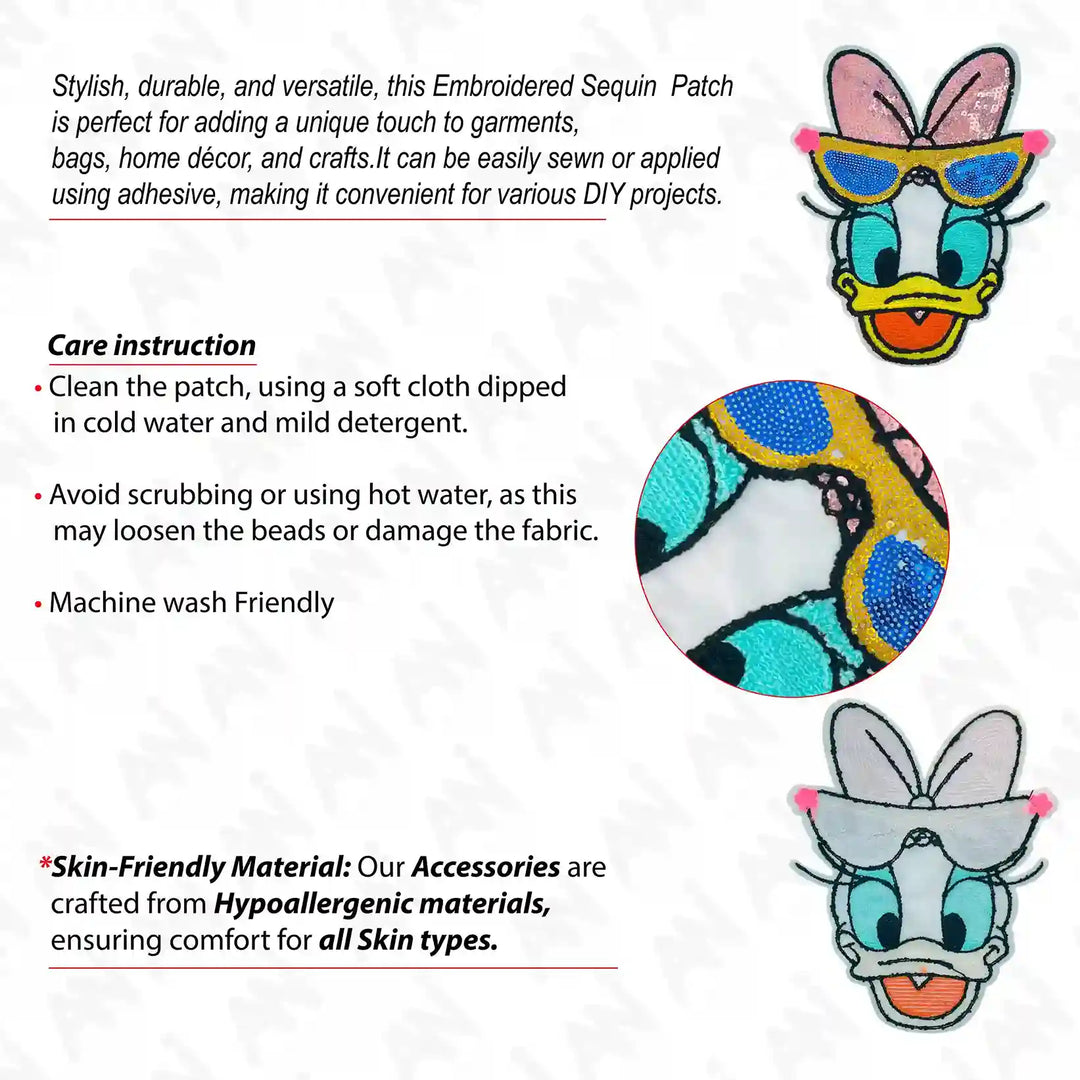 Ani Accessories Sequins Daisy Duck patch infographic showing colorful cartoon design and sequin details for jackets shirts denim jeans bags and DIY projects